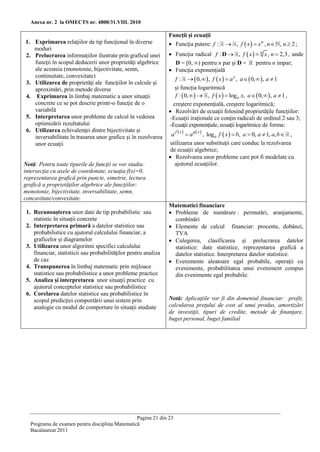 Anexa nr. 2 la OMECTS nr. 4800/31.VIII. 2010

                                                                 Funcţii şi ecuaţii
1. Exprimarea relaţiilor de tip funcţional în diverse             Funcţia putere: f :      , f  x   xn , n  , n  2 ;
   moduri
2. Prelucrarea informaţiilor ilustrate prin graficul unei         Funcţia radical f : D  , f  x   n x , n  2,3 , unde
   funcţii în scopul deducerii unor proprietăţi algebrice          D = [0, ∞) pentru n par şi D =    pentru n impar;
   ale acesteia (monotonie, bijectivitate, semn,                  Funcţia exponenţială
                                                                     f :   0,   , f  x   a x , a   0,   , a  1
   continuitate, convexitate)
3. Utilizarea de proprietăţi ale funcţiilor în calcule şi
   aproximări, prin metode diverse                                   şi funcţia logaritmică
4. Exprimarea în limbaj matematic a unor situaţii                    f :  0,    , f  x   loga x, a   0,   , a  1 ,
   concrete ce se pot descrie printr-o funcţie de o                 creştere exponenţială, creştere logaritmică;
   variabilă                                                      Rezolvări de ecuaţii folosind proprietăţile funcţiilor:
5. Interpretarea unor probleme de calcul în vederea               -Ecuaţii iraţionale ce conţin radicali de ordinul 2 sau 3;
   optimizării rezultatului                                      -Ecuaţii exponenţiale, ecuaţii logaritmice de forma:
6. Utilizarea echivalenţei dintre bijectivitate şi
                                                                   a    a   , log f x  b, a  0, a  1, a, b  ,
                                                                                           
                                                                     f x       g x
   inversabilitate în trasarea unor grafice şi în rezolvarea                          a
   unor ecuaţii                                                   utilizarea unor substituţii care conduc la rezolvarea
                                                                  de ecuaţii algebrice;
                                                                  Rezolvarea unor probleme care pot fi modelate cu
Notă: Pentru toate tipurile de funcţii se vor studia:               ajutorul ecuaţiilor.
intersecţia cu axele de coordonate, ecuaţia f(x)=0,
reprezentarea grafică prin puncte, simetrie, lectura
grafică a proprietăţilor algebrice ale funcţiilor:
monotonie, bijectivitate, inversabilitate, semn,
concavitate/convexitate.
                                                                 Matematici financiare
 1. Recunoaşterea unor date de tip probabilistic sau              Probleme de numărare : permutări, aranjamente,
    statistic în situaţii concrete                                 combinări
 2. Interpretarea primară a datelor statistice sau                Elemente de calcul financiar: procente, dobânzi,
    probabilistice cu ajutorul calculului financiar, a             TVA
    graficelor şi diagramelor                                     Culegerea, clasificarea şi prelucrarea datelor
 3. Utilizarea unor algoritmi specifici calculului                 statistice: date statistice, reprezentarea grafică a
    financiar, statisticii sau probabilităţilor pentru analiza     datelor statistice. Interpretarea datelor statistice.
    de caz                                                        Evenimente aleatoare egal probabile, operaţii cu
 4. Transpunerea în limbaj matematic prin mijloace                 evenimente, probabilitatea unui eveniment compus
    statistice sau probabilistice a unor probleme practice         din evenimente egal probabile.
 5. Analiza şi interpretarea unor situaţii practice cu
    ajutorul conceptelor statistice sau probabilistice
 6. Corelarea datelor statistice sau probabilistice în
    scopul predicţiei comportării unui sistem prin               Notă: Aplicaţiile vor fi din domeniul financiar: profit,
    analogie cu modul de comportare în situaţii studiate         calcularea preţului de cost al unui produs, amortizări
                                                                 de investiţii, tipuri de credite, metode de finanţare,
                                                                 buget personal, buget familial




                                                Pagina 21 din 23
  Programa de examen pentru disciplina Matematică
  Bacalaureat 2011
 