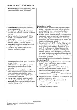 Anexa nr. 2 la OMECTS nr. 4800/31.VIII. 2010

6. Transpunerea unor situaţii-problemă în limbaj
   matematic utilizând funcţii definite pe




                                                        Funcţii; lecturi grafice
1. Identificarea valorilor unei funcţii folosind         Reper cartezian, produs cartezian; reprezentarea prin
   reprezentarea grafică                                   puncte a unui produs cartezian de mulţimi numerice;
2. Caracterizarea egalităţii a două funcţii prin           condiţii algebrice pentru puncte aflate în cadrane.
   utilizarea unor modalităţi variate de descriere a       Drepte în plan de forma x = m, sau y = m, m .
   funcţiilor                                            Funcţia: definiţie, exemple, exemple de corespondenţe
3. Operarea cu funcţii reprezentate în diferite            care nu sunt funcţii, modalităţi de a descrie o funcţie,
   moduri şi caracterizarea calitativă a acestor           lecturi grafice. Egalitatea a două funcţii, imaginea şi
   reprezentări                                            preimaginea unei mulţimi printr-o funcţie, graficul unei
4. Caracterizarea unor funcţii prin utilizarea             funcţii, restricţii ale unei funcţii.
   graficului funcţiei şi a ecuaţiei asociate            Funcţii numerice, F = {f : D→ , D  }; proprietăţi
5. Analiza unor situaţii practice şi descrierea lor        ale funcţiilor numerice introduse prin lecturi grafice:
   cu ajutorul funcţiilor                                  reprezentarea geometrică a graficului, intersecţia cu
6. Deducerea unor proprietăţi ale funcţiilor               axele de coordonate, rezolvări grafice de ecuaţii şi
   numerice prin lectură grafică                           inecuaţii de forma f(x) = g(x) (≤, <, >,≥ ), mărginire,
                                                           paritate, imparitate (simetria graficului faţă de axa Oy
                                                           sau faţă de origine), simetria graficului faţă de drepte de
                                                           forma x = m, m sau faţă de puncte oarecare din plan,
                                                           periodicitate, monotonie.
                                                         Compunerea funcţiilor; exemple cu funcţii numerice.
                                                        Funcţia de gradul I
1. Recunoaşterea funcţiei de gradul I descrisă în        Definiţie, intersecţia graficului cu axele de coordonate,
   moduri diferite                                         ecuaţia f(x) = 0, reprezentarea grafică a funcţiei
2. Utilizarea unor metode algebrice şi grafice             f:  , f(x) = ax+b, a,b
   pentru rezolvarea ecuaţiilor, inecuaţiilor,           Interpretarea grafică a proprietăţilor algebrice ale
   sistemelor                                              funcţiei: monotonia şi semnul funcţiei. Studiul
3. Descrierea unor proprietăţi desprinse din               monotoniei prin semnul diferenţei f(x1) – f(x2) (sau
   rezolvarea ecuaţiilor, inecuaţiilor, sistemelor şi                               f  x1   f  x2 
   reprezentarea grafică a funcţiei de gradul I            studierea raportului                         , x1 , x2  , x1  x2 )
4. Exprimarea legăturii între funcţia de gradul I şi                                     x1  x2
   reprezentarea ei geometrică                           Inecuaţii de forma ax + b  0 (, <, >) studiate pe               sau
5. Interpretarea graficului funcţiei de gradul I           pe intervale de numere reale.
   utilizând proprietăţile algebrice ale funcţiei        Poziţia relativă a două drepte, sisteme de tipul
6. Modelarea unor situaţii concrete prin utilizarea          ax  by  c
   ecuaţiilor şi a inecuaţiilor                                          , a, b, c, m, n, p 
                                                             mx  ny  p
                                                           Sisteme de inecuaţii de gradul I




                                                Pagina 3 din 23
  Programa de examen pentru disciplina Matematică
  Bacalaureat 2011
 