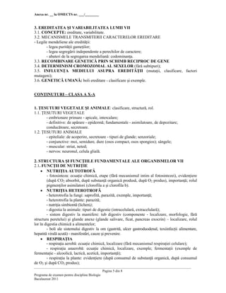 Anexa nr. __ la OMECTS nr. ___/________
Pagina 5 din 8
Programa de examen pentru disciplina Biologie
Bacalaureat 2011
3. EREDITATEA ŞI VARIABILITATEA LUMII VII
3.1. CONCEPTE: ereditate, variabilitate.
3.2. MECANISMELE TRANSMITERII CARACTERELOR EREDITARE
- Legile mendeliene ale eredităŃii:
- legea purităŃii gameŃilor;
- legea segregării independente a perechilor de caractere;
- abateri de la segregarea mendeliană: codominanŃa.
3.3. RECOMBINARE GENETICĂ PRIN SCHIMB RECIPROC DE GENE
3.4. DETERMINISM CROMOZOMAL AL SEXELOR (fără subtipuri);
3.5. INFLUENłA MEDIULUI ASUPRA EREDITĂłII (mutaŃii, clasificare, factori
mutageni);
3.6. GENETICĂ UMANĂ: boli ereditare - clasificare şi exemple.
CONłINUTURI – CLASA A X-A
1. łESUTURI VEGETALE ŞI ANIMALE: clasificare, structură, rol.
1.1. łESUTURI VEGETALE
- embrionare primare - apicale, intercalare;
- definitive: de apărare - epidermă; fundamentale - asimilatoare, de depozitare;
conducătoare, secretoare.
1.2. łESUTURI ANIMALE
- epiteliale: de acoperire, secretoare - tipuri de glande; senzoriale;
- conjunctive: moi, semidure, dure (osos compact, osos spongios); sângele;
- muscular: striat, neted;
- nervos: neuronul, celula glială.
2. STRUCTURA ŞI FUNCłIILE FUNDAMENTALE ALE ORGANISMELOR VII
2.1. FUNCłII DE NUTRIłIE
• NUTRIłIA AUTOTROFĂ
- fotosinteza: ecuaŃie chimică, etape (fără mecanismul intim al fotosintezei), evidenŃiere
(după CO2 absorbit, după substanŃă organică produsă, după O2 produs), importanŃă; rolul
pigmenŃilor asimilatori (clorofila a şi clorofila b).
• NUTRIłIA HETEROTROFĂ
- heterotrofia la fungi: saprofită, parazită, exemple, importanŃă;
- heterotrofia la plante: parazită;
- nutriŃia simbiontă (licheni);
- digestia la animale: tipuri de digestie (intracelulară, extracelulară);
- sistem digestiv la mamifere: tub digestiv (componente - localizare, morfologie, fără
structura peretelui) şi glande anexe (glande salivare, ficat, pancreas exocrin) – localizare, rolul
lor în digestia chimică a alimentelor;
- boli ale sistemului digestiv la om (gastrită, ulcer gastroduodenal, toxiinfecŃii alimentare,
hepatită virală acută) - manifestări, cauze şi prevenire.
• RESPIRAłIA
- respiraŃia aerobă: ecuaŃie chimică, localizare (fără mecanismul respiraŃiei celulare);
- respiraŃia anaerobă: ecuaŃie chimică, localizare, exemple; fermentaŃii (exemple de
fermentaŃie - alcoolică, lactică, acetică, importanŃă);
- respiraŃia la plante: evidenŃiere (după consumul de substanŃă organică, după consumul
de O2 şi după CO2 produs);
 