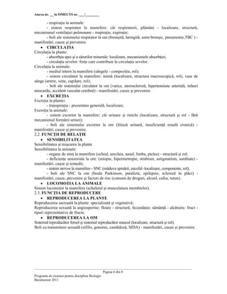 Anexa nr. __ la OMECTS nr. ___/________
Pagina 6 din 8
Programa de examen pentru disciplina Biologie
Bacalaureat 2011
- respiraŃia la animale:
- sistem respirator la mamifere: căi respiratorii, plămâni - localizare, structură,
mecanismul ventilaŃiei pulmonare - inspiraŃie, expiraŃie;
- boli ale sistemului respirator la om (bronşită, laringită, astm bronşic, pneumonie,TBC ) -
manifestări, cauze şi prevenire.
• CIRCULAłIA
CirculaŃia la plante:
- absorbŃia apei şi a sărurilor minerale: localizare, mecanismele absorbŃiei;
- circulaŃia sevelor: forŃe care contribuie la circulaŃia sevelor.
CirculaŃia la animale:
- mediul intern la mamifere (sângele - compoziŃie, rol);
- sistem circulator la mamifere: inimă (localizare, structura macroscopică, rol), vase de
sânge (artere, vene, capilare, rol);
- boli ale sistemului circulator la om (varice, ateroscleroză, hipertensiune arterială, infarct
miocardic, accident vascular cerebral) - manifestări, cauze şi prevenire.
• EXCREłIA
ExcreŃia la plante:
- transpiraŃia - prezentare generală, localizare;
ExcreŃia la animale:
- sistem excretor la mamifere: căi urinare şi rinichi (localizare, structură şi rol - fără
mecanismul formării urinei);
- boli ale sistemului excretor la om (litiază urinară, insuficienŃă renală cronică) -
manifestări, cauze şi prevenire.
2.2. FUNCłII DE RELAłIE
• SENSIBILITATEA
Sensibilitatea şi mişcarea la plante
Sensibilitatea la animale:
- organe de simŃ la mamifere (ochiul, urechea, nasul, limba, pielea) - structură şi rol;
- deficienŃe senzoriale la om: (miopie, hipermetropie, strabism, astigmatism, surditate) -
manifestări, cauze şi remedii;
- sistem nervos la mamifere - SNC (măduva spinării, encefal -localizare, componente, rol);
- boli ale SNC la om (boala Parkinson, paralizie, epilepsie, scleroză în plăci) -
manifestări, cauze, prevenire şi factori de risc (consum de droguri, alcool, cafea, tutun).
• LOCOMOłIA LA ANIMALE
Sistem locomotor la mamifere (scheletul şi musculatura membrelor).
2.3. FUNCłIA DE REPRODUCERE
• REPRODUCEREA LA PLANTE
Reproducerea asexuată la plante: specializată şi vegetativă;
Reproducerea sexuată la angiosperme: floare - structură; fecundaŃie; sămânŃă - alcătuire; fruct -
tipuri reprezentative de fructe.
• REPRODUCEREA LA OM
Sistemul reproducător femel şi sistemul reproducător mascul (localizare, structură şi rol);
Boli cu transmitere sexuală (sifilis, gonoree, candidoză, SIDA) - manifestări, cauze şi prevenire.
 