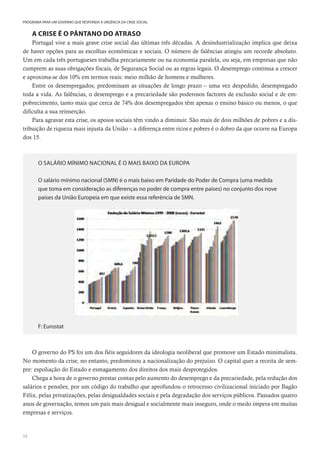 12
PROGRAMA PARA UM GOVERNO QUE RESPONDA À URGÊNCIA DA CRISE SOCIAL
A CRISE É O PÂNTANO DO ATRASO
Portugal vive a mais grave crise social das últimas três décadas. A desindustrialização implica que deixa
de haver opções para as escolhas económicas e sociais. O número de falências atingiu um recorde absoluto.
Um em cada três portugueses trabalha precariamente ou na economia paralela, ou seja, em empresas que não
cumprem as suas obrigações fiscais, de Segurança Social ou as regras legais. O desemprego continua a crescer
e aproxima-se dos 10% em termos reais: meio milhão de homens e mulheres.
Entre os desempregados, predominam as situações de longo prazo – uma vez despedido, desempregado
toda a vida. As falências, o desemprego e a precariedade são poderosos factores de exclusão social e de em-
pobrecimento, tanto mais que cerca de 74% dos desempregados têm apenas o ensino básico ou menos, o que
dificulta a sua reinserção.
Para agravar esta crise, os apoios sociais têm vindo a diminuir. São mais de dois milhões de pobres e a dis-
tribuição de riqueza mais injusta da União – a diferença entre ricos e pobres é o dobro da que ocorre na Europa
dos 15.
O SALÁRIO MÍNIMO NACIONAL É O MAIS BAIXO DA EUROPA
O salário mínimo nacional (SMN) é o mais baixo em Paridade do Poder de Compra (uma medida
que toma em consideração as diferenças no poder de compra entre países) no conjunto dos nove
países da União Europeia em que existe essa referência de SMN.
F: Eurostat
O governo do PS foi um dos fiéis seguidores da ideologia neoliberal que promove um Estado minimalista.
No momento da crise, no entanto, predominou a nacionalização do prejuízo. O capital quer a receita de sem-
pre: espoliação do Estado e esmagamento dos direitos dos mais desprotegidos.
Chega a hora de o governo prestar contas pelo aumento do desemprego e da precariedade, pela redução dos
salários e pensões, por um código do trabalho que aprofundou o retrocesso civilizacional iniciado por Bagão
Félix, pelas privatizações, pelas desigualdades sociais e pela degradação dos serviços públicos. Passados quatro
anos de governação, temos um país mais desigual e socialmente mais inseguro, onde o medo impera em muitas
empresas e serviços.
 