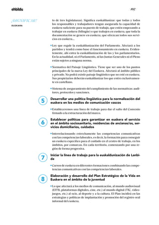 / 102 /
to de tres legislaturas). Significa euskaldunizar: que todas y todos
los responsables y trabajadores tengan asegurada la capacidad de
euskera suficiente para su puesto de trabajo, que estén empezando a
trabajar en euskera (bilingüe) o que trabajen en euskera, que toda la
documentación se genere en euskera, que ofrezcan todos sus servi-
cios en euskera...
Ley que regule la euskaldunización del Parlamento. Afectará a los
partidos y tendrá como base el funcionamiento en euskera. Eviden-
temente, ahí entra la euskaldunización de las y los parlamentarios.
En la actualidad, ni el Parlamento, ni las Juntas Generales ni el Pleno
están sujetos a ninguna norma.
Normativa del Paisaje Lingüístico. Tiene que ser uno de los puntos
principales de la nueva Ley del Euskera. Afectará al ámbito público
y privado. No podrá existir paisaje lingüístico que no esté en euskera.
Sus propietarios deberán euskaldunizar los que estén exclusivamen-
te en castellano.
Sistema de aseguramiento del cumplimiento de las normativas: audi-
tores, protocolos y sanciones.
Desarrollar una política lingüística para la normalización del
euskera en los medios de comunicación vascos
Estableceremos una línea de trabajo para dar el salto del Convenio
firmado a la estructuración del marco.
Establecer políticas para garantizar en euskera el servicio
en el ámbito sociosanitario, residencias de ancianas/os, ser-
vicios domiciliarios, cuidados
Interrelacionando estrechamente las competencias comunicativas
con las competencias laborales, es decir, la formación para conseguir
un euskera específico para el cuidado en el centro de trabajo, en los
ámbitos, por comarcas. En cada territorio, comenzando por una re-
gión de forma progresiva.
Iniciar la línea de trabajo para la euskaldunización de Lanbi-
de
Cursos de euskera en diferentes formaciones combinando las compe-
tencias comunicativas con las competencias laborales.
Elaboración y desarrollo del Plan Estratégico de la Vida en
Euskera en el ámbito de la juventud
Lo que afectará a los medios de comunicación, al mundo audiovisual
(EITB, plataformas digitales, cine, etc.) al mundo digital (TIC, video-
juegos, etc.) al ocio, al deporte y a la cultura. El Plan incidirá en las
estrategias y políticas de implantación y promoción del registro oral
informal del euskera.
5
6
7
8
¡DIGNIFICAR!
EUSKARA
 