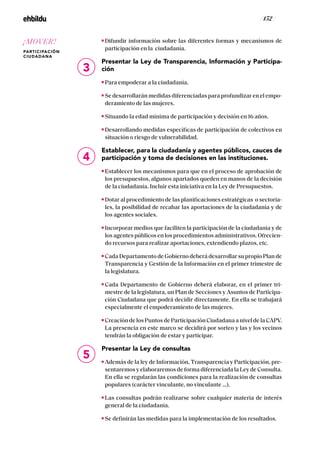 / 152 /
Difundir información sobre las diferentes formas y mecanismos de
participación en la ciudadanía.
Presentar la Ley de Transparencia, Información y Participa-
ción
Para empoderar a la ciudadanía.
Se desarrollarán medidas diferenciadas para profundizar en el empo-
deramiento de las mujeres.
Situando la edad mínima de participación y decisión en 16 años.
Desarrollando medidas específicas de participación de colectivos en
situación o riesgo de vulnerabilidad.
Establecer, para la ciudadanía y agentes públicos, cauces de
participación y toma de decisiones en las instituciones.
Establecer los mecanismos para que en el proceso de aprobación de
los presupuestos, algunos apartados queden en manos de la decisión
de la ciudadanía. Incluir esta iniciativa en la Ley de Presupuestos.
Dotar al procedimiento de las planificaciones estratégicas o sectoria-
les, la posibilidad de recabar las aportaciones de la ciudadanía y de
los agentes sociales.
Incorporar medios que faciliten la participación de la ciudadanía y de
los agentes públicos en los procedimientos administrativos. Ofrecien-
do recursos para realizar aportaciones, extendiendo plazos, etc.
Cada Departamento de Gobierno deberá desarrollar su propio Plan de
Transparencia y Gestión de la Información en el primer trimestre de
la legislatura.
Cada Departamento de Gobierno deberá elaborar, en el primer tri-
mestre de la legislatura, un Plan de Secciones y Asuntos de Participa-
ción Ciudadana que podrá decidir directamente. En ella se trabajará
especialmente el empoderamiento de las mujeres.
Creación de los Puntos de Participación Ciudadana a nivel de la CAPV.
La presencia en este marco se decidirá por sorteo y las y los vecinos
tendrán la obligación de estar y participar.
Presentar la Ley de consultas
Además de la ley de Información, Transparencia y Participación, pre-
sentaremos y elaboraremos de forma diferenciada la Ley de Consulta.
En ella se regularán las condiciones para la realización de consultas
populares (carácter vinculante, no vinculante …).
Las consultas podrán realizarse sobre cualquier materia de interés
general de la ciudadanía.
Se definirán las medidas para la implementación de los resultados.
3
4
5
¡MOVER!
PARTICIPACIÓN
CIUDADANA
 