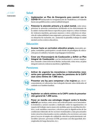 / 168 /
Salud
Implementar un Plan de Emergencia para convivir con la
COVID-19 incluyendo la reorganización de Osakidetza y el tránsito
hacia una publificación y universalidad integral.
Potenciar la atención primaria y la salud mental, entre otras:
priorizar la atención comunitaria incidiendo en los determinante de
la salud e incluyendo líneas específicas para mujeres y niñas víctimas
de violencia machista, personas mayores y otros colectivos en situa-
ción de vulnerabilidad como migrantes, personas LGTBI, niños y niñas
en situación de exclusión, etc.; aumentar la plantilla; trabajar la salud
mental con los centros educativos.
Educación
Avanzar hacia un curriculum educativo propio, innovador, po-
pular, euskaldun, participativo, creado desde un paradigma de educa-
ción para el cuidado y basado en pedagogías feministas.
Crear una Viceconsejería de Coeducación y definir un Plan
Integral de Coeducación con las instituciones y actores implica-
dos, tomando como referencia Skolae, incluyendo, entre otras, un plan
integral contra la violencia machista y lgtbifóbica.
Pensiones
Activar de urgencia los mecanismos e instrumentos nece-
sarios para garantizar que todas las pensiones de la CAPV
sean como mínimo de 1.080 euros.
Presentar una ley para compensar a las mujeres que, sin re-
conocimiento ni valoración, han trabajado durante años dedicadas al
cuidado en el ámbito familiar.
Empleo
Implantar un salario mínimo en la CAPV contra la precariza-
ción general de 1.200 euros.
Poner en marcha una estrategia integral contra la brecha
salarial que incluya, entre otras: una reflexión junto con el movimien-
to feminista y actores sociales y sindicales sobre la organización y el
reparto del trabajo; nuevo marco de medidas para la conciliación efec-
tiva y real; medidas concretas y efectivas para la dignificación de las
condiciones laborales de los sectores feminizados y más precarizados
(entre otros los relacionados con los cuidados y los servicios), así como
para el acceso al empleo de calidad de colectivos particularmente vul-
nerables (jóvenes, personas LGTBI, personas con discapacidad, des-
empleadas de larga duración, etc.).
7
8
9
10
11
12
5
6
¡UNIR!
FEMINISMO
 