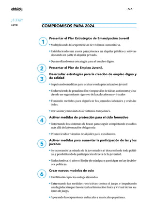 / 174 /
COMPROMISOS PARA 2024
Presentar el Plan Estratégico de Emancipación Juvenil
Multiplicando las experiencias de vivienda comunitaria.
Estableciendo una cuota para jóvenes en alquiler público y subven-
cionando en parte el alquiler privado.
Desarrollando una estrategia para el empleo digno.
Presentar el Plan de Empleo Juvenil.
Desarrollar estrategias para la creación de empleo digno y
de calidad
Impulsando medidas para acabar con la precarización juvenil
Endureciendo la penalización e inspección de falsxs autónomxs y ha-
ciendo un seguimiento riguroso de las plataformas virtuales
Tomando medidas para dignificar las jornadas laborales y revisán-
dolas.
Revisando y limitando los contratos temporales.
Activar medidas de protección para el ciclo formativo
Reforzando los sistemas de becas para seguir completando estudios
más allá de la formación obligatoria
Promoviendo viviendas de alquiler para estudiantes
Activar medidas para aumentar la participación de las y los
jóvenes
Incorporando la mirada de la juventud en el desarrollo de toda políti-
ca, y posibilitando la participación directa de la juventud.
Reduciendo a 16 años el límite de edad para participar en las decisio-
nes políticas.
Crear nuevos modelos de ocio
Facilitando espacios autogestionados
Extremando las medidas restrictivas contra el juego, e impulsando
una legislación que favorezca la eliminación física y virtual de los sa-
lones de juego.
Apoyando las expresiones culturales y musicales populares.
4
5
6
1
2
3
¡UNIR!
LGTBI
 
