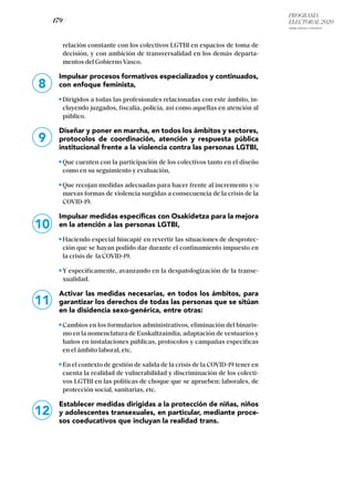 PROGRAMA
ELECTORAL 2020
ARABA, BIZKAIA Y GIPUZKOA
/ 179 /
8
relación constante con los colectivos LGTBI en espacios de toma de
decisión, y con ambición de transversalidad en los demás departa-
mentos del Gobierno Vasco.
Impulsar procesos formativos especializados y continuados,
con enfoque feminista,
Dirigidos a todas las profesionales relacionadas con este ámbito, in-
cluyendo juzgados, fiscalía, policía, así como aquellas en atención al
público.
Diseñar y poner en marcha, en todos los ámbitos y sectores,
protocolos de coordinación, atención y respuesta pública
institucional frente a la violencia contra las personas LGTBI,
Que cuenten con la participación de los colectivos tanto en el diseño
como en su seguimiento y evaluación,
Que recojan medidas adecuadas para hacer frente al incremento y/o
nuevas formas de violencia surgidas a consecuencia de la crisis de la
COVID-19.
Impulsar medidas específicas con Osakidetza para la mejora
en la atención a las personas LGTBI,
Haciendo especial hincapié en revertir las situaciones de desprotec-
ción que se hayan podido dar durante el confinamiento impuesto en
la crisis de la COVID-19.
Y específicamente, avanzando en la despatologización de la transe-
xualidad.
Activar las medidas necesarias, en todos los ámbitos, para
garantizar los derechos de todas las personas que se sitúan
en la disidencia sexo-genérica, entre otras:
Cambios en los formularios administrativos, eliminación del binaris-
mo en la nomenclatura de Euskaltzaindia, adaptación de vestuarios y
baños en instalaciones públicas, protocolos y campañas específicas
en el ámbito laboral, etc.
En el contexto de gestión de salida de la crisis de la COVID-19 tener en
cuenta la realidad de vulnerabilidad y discriminación de los colecti-
vos LGTBI en las políticas de choque que se aprueben: laborales, de
protección social, sanitarias, etc.
Establecer medidas dirigidas a la protección de niñas, niños
y adolescentes transexuales, en particular, mediante proce-
sos coeducativos que incluyan la realidad trans.
9
10
11
12
 