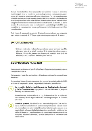 PROGRAMA
ELECTORAL 2020
ARABA, BIZKAIA Y GIPUZKOA
/ 197 /
Euskal Herria también debe emprender ese camino, ya que es imposible
construir país si no se construye un espacio propio de comunicación, y me-
nos si se trata de un país con una lengua minorizada. Por eso necesitamos un
espacio comunicativo vasco sólido. En él, EiTB juega un papel fundamental y
deberá seguir siendo el eje central en los próximos años, como servicio públi-
co y principal medio de comunicación de Euskal Herria. Asimismo, la red de
medios de comunicación local en euskera será también imprescindible para
completar la comunicación vasca, por lo que será prioritaria su protección y
consolidación.
Ante el reto de país que tenemos por delante, hemos realizado una propuesta
para un nuevo modelo de EiTB que guíe nuestros pasos a partir de ahora.
DATOS DE INTERÉS
Quienes entienden euskera han pasado de ser un tercio de la pobla-
ción a ser más de la mitad. La mitad de la población guipuzcoana es
bilingüe (50,6%). En Bizkaia son algo más de la cuarta parte de la po-
blación (27,6%) y en Álava la quinta parte (19,2%).
COMPROMISOS PARA 2024
La prioridad será pasar de la reflexión a la acción para conformar un espacio
comunicativo vasco.
Así, en primer lugar, las instituciones deberán garantizar el acceso universal
a internet.
En cuanto a los medios de comunicación vascos, la revitalización de EiTB
será uno de los grandes pasos, las principales medidas para ello son:
La creación de la Ley del Consejo de Audiovisual e Internet
y de la Comunicación, cuya primera tarea será elaborar la propues-
ta de ley de comunicación.
Paralelamente al desarrollo de la Ley de Comunicación, se elaborará
una nueva ley de EiTB para adecuarla al nuevo paradigma de la comu-
nicación.
Servicio público. Se realizará una reforma integral de EITB basada
en un pacto social, definiendo las misiones y valores del servicio públi-
co, como el acceso universal; el derecho a la información basado en la
neutralidad, la honestidad y la independencia del poder político; el im-
pulso del euskera y la cultura vasca; la garantía del pluralismo político,
religioso, lingüístico, cultural y sexual; transparencia, participación e
innovación.
1
2
 
