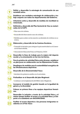 PROGRAMA
ELECTORAL 2020
ARABA, BIZKAIA Y GIPUZKOA
/ 207 /
9
10
11
12
13
14
15
16
Definir y desarrollar la estrategia de comunicación de una
sociedad activa.
Establecer una verdadera estrategia de colaboración y tra-
bajo conjunto con todos los departamentos del Gobierno.
Urbanismo activo y desarrollo de medidas de movilidad no
motorizada.
Definición y desarrollo del Plan Sectorial de Vías no motori-
zadas de la CAPV.
Plan vasco de ciclistas.
Desarrollo del observatorio vasco de ciclistas.
Medidas para acabar con las muertes accidentales de ciclistas en ca-
rretera.
Elaboración y desarrollo de los Caminos Escolares.
Tomando la iniciativa para integrar la psicomotricidad en el Consor-
cio de Haurreskolak.
1 hora más de Educación Física en Primaria y D.B.H
Desarrollar la línea de trabajo para la mejora del deporte
escolar y la armonización en los tres territorios.
Para la práctica de actividad física entre jóvenes, establecer
un plan joven en colaboración con las Diputaciones Forales.
Despliegue de medidas para la sostenibilidad energética de
las infraestructuras deportivas
Desarrollo de la Etnomotricidad Vasca
Introducir los primeros auxilios en el curriculum.
Profundizar en el desarrollo del plan Mugiment
Continuar con la implantación del billete único Mugiment.
Incorporar el modelo de gestión basado en la igualdad de
género y la diversidad.
Colocar en primera línea a los equipos deportivos femeni-
nos.
Desarrollar la inclusión a través de la actividad física y al
mismo tiempo facilitar el acceso a la actividad física y al de-
porte a la ciudadanía con disCAPACIDAD.
Facilitar el acceso deportivo a las personas inmigrantes re-
sidentes en el País Vasco
18
19
20
21
17
22
 