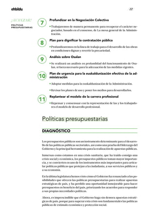 / 22 /
Profundizar en la Negociación Colectiva
Trabajaremos de manera permanente para recuperar el carácter ne-
gociador, basado en el consenso, de La mesa general de la Adminis-
tración.
Plan para dignificar la contratación pública
Profundizaremos en la línea de trabajo para el desarrollo de las obras
en condiciones dignas y revertir la precariedad.
Análisis sobre Osalan
Se realizará un análisis en profundidad del funcionamiento de Osa-
lan, si fuera necesario para la adecuación de las medidas vigentes.
Plan de urgencia para la euskaldunización efectiva de la ad-
ministración
Adoptar medidas para la euskaldunización de la Administración.
Revisar los planes de uso y poner los medios para desarrollarlos.
Replantear el modelo de la carrera profesional
Repensar y consensuar con la representación de las y los trabajado-
res el modelo de desarrollo profesional.
Políticas presupuestarias
DIAGNÓSTICO
Lospresupuestospúblicossonuninstrumentodeterminanteparaeldesarro-
llo de las políticas públicas sectoriales, así como una prueba del liderazgo del
Gobierno y la principal herramienta para la realización de apuestas públicas.
Inmersas como estamos en una crisis sanitaria, que ha traído consigo una
crisis social y económica, los presupuestos públicos toman mayor importan-
cia, y se convierten en uno de los instrumentos más importantes para articu-
lar políticas públicas que protejan a la ciudadanía, a sus servicios públicos y
a su economía.
EnlaúltimalegislaturahemosvistocómoelGobiernoharenunciadoalaspo-
sibilidades que ofrecen las políticas presupuestarias para realizar apuestas
estratégicas de país, y ha perdido una oportunidad inmejorable para hacer
presupuestos en beneficio del país, priorizando los acuerdos para responder
a sus propias necesidades políticas.
Ahora, es imprescindible que el Gobierno haga sin demora apuestas estraté-
gicas de país, porque para superar esta crisis son fundamentales las políticas
públicas de estímulo económico y protección social.
7
8
9
10
11
¡AVANZAR!
POLÍTICAS
PRESUPUESTARIAS
 