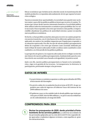 / 24 /
líticas económicas que fortalezcan la cohesión social, la transformación del
modelo productivo o respondan adecuadamente al reto que supone la transi-
ción ecológica.
Nuestra economía tiene oportunidades, la sociedad vasca puede tener un fu-
turo mejor y para ello las políticas públicas tienen que recorrer el camino. Te-
nemos que actuar desde nuestra autonomía financiera, la actividad pública
debe utilizar todos los instrumentos económicos para posibilitar dar ese sal-
to necesario. Para responder a los retos que tenemos como pueblo, es impres-
cindible abandonar las políticas de austeridad extrema y poner en marcha
nuevas políticas económicas.
De hecho, se han perdido ya muchos años para recorrer un camino propio ha-
cia nuestra transición, con el visto bueno de los diferentes gobiernos vascos,
aplicando sin matices las medidas impuestas por España para responder a
su situación equivocada. Por ello, los ejes de nuestra política presupuestaria
deben de responder a los retos que tenemos como sociedad, debiendo por
tanto reflejar de manera adecuada el salto a realizar, tanto cuantitativo como
cualitativo, en el desarrollo de las políticas públicas.
La perspectiva de género y la respuesta adecuada al reto ecológico serán dos
ejes básicos de nuestra política presupuestaria, fundamentales para la cons-
trucción de una sociedad vasca basada en la igualdad y la justicia social.
Junto con ello, nuestra política presupuestaria se basará en la racionaliza-
ción y rigor en la gestión de los recursos, la transparencia, la eficiencia, la
participación, priorizando siempre a las personas.
DATOS DE INTERÉS
Las previsiones económicas apuntan a caídas generalizadas del PIB y
al incremento del desempleo
Se prevén caídas de recaudación fiscal en torno al 20-25%, lo que su-
pondría una caída de ingresos al Gobierno Vasco del entorno de los
2000 millones de euros
El gobierno vasco ya ha emitido toda la deuda pública que tenía pre-
vista para el 2020, más de 886 millones, y se prevé una necesidad ma-
yor de endeudamiento a lo largo del 2020.
COMPROMISOS PARA 2024
Revisar los presupuestos de 2020, dando prioridad al forta-
lecimiento de los servicios públicos y a cubrir las necesidades de
las personadas golpeadas por la crisis del Covid-19. Esto supondrá de-
jar aparcadas o replantear algunas versiones, como aquellas en gran-
des infraestructuras.
1
¡AVANZAR!
POLÍTICAS
PRESUPUESTARIAS
 