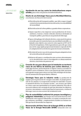 / 36 /
Aprobación de una Ley contra las deslocalizaciones empre-
sariales, para evitar esta práctica desindustrializadora.
Diseño de una Estrategia Vasca para la Movilidad Eléctrica,
con al menos, las lineas de intervencion:
A) Electrificación del transporte publico, que debe ocupar el papel
central en la transición hacia la electrificación y la sostenibilidad
de la movilidad
B) Electrificación de la flota pública y grandes flotas corporativas.
C) Apoyo específico a las empresas vascas productoras de trenes,
autobuses, tranvías y demás vehículos eléctricos destinados al
transporte publico, para buscar una posición de liderazgo
D Apoyo al despliegue del vehículo eléctrico, como una de las piezas
esenciales para la transición hacia una movilidad sostenible, se-
ñalando como objetivo una cuota de venta superior al 10% de EV
al final de la legislatura. Deberá garantizarse para ello que exista
una red de carga rápida proporcional al número esperado de EVs
y la adaptación de la red eléctrica general a la nueva demanda.
E) Revisión del sector vasco de la automoción para adaptarlo al reto
de la electrificación del automóvil.
F) Refuerzo del apoyo y coordinación entre sectores determinantes
en la electrificación como la investigación en almacenamiento
eléctrico, electrónica de potencia, etc
Creación de una gran alianza para la instalación en territorio
vasco de una fábrica de baterías para coches eléctricos, al
estilo giga-factoría, preferentemente en alguna comarca con malos in-
dicadores socio-económicos. Esta es una apuesta que debe insertarse
en la agenda europea para entrar en el mercado estratégico de las bate-
rías de automoción (European Battery Alliance)
Estrategia Vasca para la industria verde. La producción de
equipos para la generación de energías renovables, la propia genera-
ción de las mismas; la recuperación-reciclaje de materiales escasos;
el automóvil eléctrico; la economía circular… son sectores que deben
ser vistos como una oportunidad en el espacio industrial. Para ello es
necesario elaborar una estrategia de país que determine los objetivos,
recursos y mecanismos a activar para buscar la presencia, e incluso el
liderazgo, vasco en estos sectores de la industria verde.
Plan de sostenibilidad ambiental de parques tecnológicos y
polígonos industriales, que busque una renovación hacia la soste-
nibilidad de estos espacios industriales, en cuanto a consumo de ener-
gía, emisiones, movilidad… complementario a la labor en el mismo sen-
tido que han de desarrollar las empresas.
Reconversión del Ente Vasco de la Energía (EVE) en el Ente
Vasco de la Energía Renovable (EVER) incluyendo entre sus
13
14
15
10
11
12
¡AVANZAR!
INDUSTRIA
 