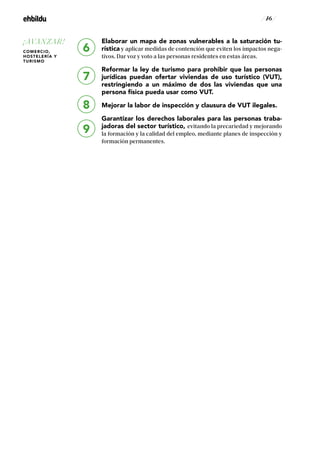 / 46 /
Elaborar un mapa de zonas vulnerables a la saturación tu-
rística y aplicar medidas de contención que eviten los impactos nega-
tivos. Dar voz y voto a las personas residentes en estas áreas.
Reformar la ley de turismo para prohibir que las personas
jurídicas puedan ofertar viviendas de uso turístico (VUT),
restringiendo a un máximo de dos las viviendas que una
persona física pueda usar como VUT.
Mejorar la labor de inspección y clausura de VUT ilegales.
Garantizar los derechos laborales para las personas traba-
jadoras del sector turístico, evitando la precariedad y mejorando
la formación y la calidad del empleo, mediante planes de inspección y
formación permanentes.
6
7
8
9
¡AVANZAR!
COMERCIO,
HOSTELERÍA Y
TURISMO
 