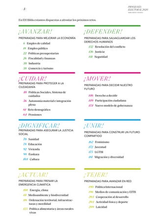 PROGRAMA
ELECTORAL 2020
ARABA, BIZKAIA Y GIPUZKOA
/ 5 /
En EH Bildu estamos dispuestas a afrontar los próximos retos.
¡AVANZAR!
PREPARADAS PARA MEJORAR LA ECONOMÍA
6 Empleo de calidad
18 Empleo público
22 Políticas presupestarias
26 Fiscalidad y finanzas
30 Industria
38 Comercio y turismo
¡DEFENDER!
PREPARADAS PARA SALVAGUARDAR LOS
DERECHOS HUMANOS
132 Resolución del conflicto
136 Justicia
141 Seguridad
¡MOVER!
PREPARADAS PARA DECIDIR NUESTRO
FUTURO
146 Derecho a decidir
149 Participación ciudadana
154 Nuevo modelo de gobernanza
¡UNIR!
PREPARADAS PARA CONSTRUIR UN FUTURO
COMPARTIDO
162 Feminismo
172 Juventud
175 LGTBI
181 Migración y diversidad
¡TEJER!
PREPARADAS PARA AVANZAR EN RED
190 Política Internacional
196 Medios de comunicación y EITB
204 Cooperación al desarrollo
204 Actividad física y deporte
209 Laicidad
¡CUIDAR!
PREPARADAS PARA PROTEGER A LA
CIUDADANÍA
48 Políticas Sociales, Sistema de
cuidados
56 Autonomía material e integración
plena
61 Reto demográfico
64 Pensiones
¡DIGNIFICAR!
PREPARADAS PARA ASEGURAR LA JUSTICIA
SOCIAL
70 Sanidad
78 Educación
92 Vivienda
98 Euskara
104 Cultura
¡ACTUAR!
PREPARADAS PARA FRENAR LA
EMERGENCIA CLIMÁTICA
108 Energía, clima
111 Medioambiente y biodiversidad
116 Ordenación territorial, infraestruc-
turas y movilidad
125 Política alimentaria y áreas rurales
vivas
 