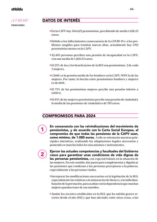 / 66 /
DATOS DE INTERÉS
En la CAPV hay 364.625 pensionistas, percibiendo de media 1.428,35
euros.
Debido a los fallecimientos consecuencia de la COVID-19 y a los pro-
blemas surgidos para tramitar nuevas altas, actualmente hay 1.912
pensionistas menos en la CAPV.
42.403 personas perciben una pensión de incapacidad en la CAPV,
con una media de 1.260,33 euros.
El 25% de las y los beneficiarios de la RGI son pensionistas. 2 de cada
3 mujeres.
1.568€ es la pensión media de los hombres en la CAPV, 907€ la de las
mujeres. Por tanto, la brecha entre pensionistas hombres y mujeres
es de 661€.
El 73% de las pensionistas mujeres percibe una pensión inferior a
1.000 €.
El 45% de las mujeres pensionistas percibe una pensión de viudedad y
la media de las pensiones de viudedad es de 785 euros.
COMPROMISOS PARA 2024
En consonancia con las reivindicaciones del movimiento de
pensionistas, y de acuerdo con la Carta Social Europea, el
compromiso de que todas las pensiones de la CAPV sean,
como mínimo, de 1.080 euros. A ello se orientarán nuestras prin-
cipales iniciativas, realizando las adaptaciones legales necesarias y
poniendo en marcha todos los mecanismos e instrumentos.
Ejercer las actuales competencias y facultades del Gobierno
vasco para garantizar unas condiciones de vida dignas de
las personas pensionistas, con especial énfasis en la situación de
las mujeres. En este sentido, dar pasos para complementar y dignificar
las pensiones que condenan a las personas perceptoras a la pobreza,
especialmente a las personas viudas.
Incorporar las modificaciones necesarias en la legislación de la RGI,
especialmente las relativas a la minoración de bienes y a la individua-
lización de la prestación, para acabar con la dependencia que muchas
mujeres puedan tener de sus maridos.
Anular los recortes establecidos en la RGI, que ha sufrido graves re-
cortes desde el año 2012 y que han afectado, entre otras cosas, a las
1
2
¡CUIDAR!
PENSIONES
 