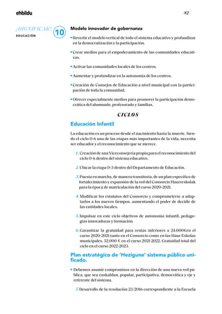 / 82 /
Modelo innovador de gobernanza
Revertir el modelo vertical de todo el sistema educativo y profundizar
en la democratización y la participación.
Crear medios para el empoderamiento de las comunidades educati-
vas.
Activar las comunidades locales de los centros.
Aumentar y profundizar en la autonomía de los centros.
Creación de Consejos de Educación a nivel municipal con la partici-
pación de toda la comunidad.
Ofrecer especialmente medios para promover la participación demo-
crática del alumnado, profesorado y familias.
CICLOS
Educación Infantil
La educación es un proceso desde el nacimiento hasta la muerte. Sien-
do el ciclo 0-6 una de las etapas más importantes de la vida, necesita
ser educador y el reconocimiento que se merece.
1 .Creación de unaViceconsejería propia para el reconocimiento del
ciclo 0-6 dentro del sistema educativo.
2. Ubicar la etapa 0-3 dentro del Departamento de Educación.
3.Puesta en marcha, de manera transitoria, de un plan específico de
fortalecimiento y expansión de la red del Consorcio Haurreskolak
para la época de matriculación del curso 2020-2021.
4. Modificar los estatutos del Consorcio y comprometerse a adap-
tarlos a los nuevos tiempos, aumentando el poder de decidir de
las entidades locales.
5. Impulsar en este ciclo objetivos de autonomía infantil, pedago-
gías innovadoras y formación.
6. Garantizar la gratuidad para rentas inferiores a 24.000€en el
curso 2020-2021 tanto en el Consorcio como en las Haur Eskolas
municipales. 32.000 € en el curso 2021-2022. Gratuidad total del
ciclo en el curso 2022-2023.
Plan estratégico de ‘Hezigune’ sistema público uni-
ficado.
Debemos asumir compromisos en la dirección de una nueva red pú-
blica, que sea euskaldun, popular, participativa, democrática y eje y
referente del sistema.
7. Desarrollo de la resolución 23/2016 correspondiente a la Escuela
10
¡DIGNIFICAR!
EDUCACIÓN
 