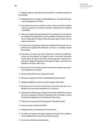 PROGRAMA
ELECTORAL 2020
ARABA, BIZKAIA Y GIPUZKOA
/ 87 /
67. Impulsar planes específicos de formación y empoderamiento de
las familias.
68. Implantación de equipos interdistiplinares, incorporando per-
sonas trabajadoras sociales.
69. Garantizar el servicio sanitario en los centros educativos de las
zonas de pobreza y exclusión: dentista, alimentación o hábitos
saludables.
70. Adecuar el protocolo para mejorar la comunicación y relación de
las familias del alumnado con Necesidades Educativas Especí-
ficas y Especiales de Apoyo Educativo para que el centro sea un
espacio inclusivo.
71. Creación de una guía que defina la totalidad del itinerario de es-
colarización reglada del alumnado con E.E.E. y traslado a todas
las familias.
72. Garantizar recursos que den respuesta a todas las manifesta-
ciones de diversidad a lo largo de todo el recorrido educativo
(especialista de apoyo educativo, fisioterapeuta, terapeuta ocu-
pacional, logopeda, intérprete de lengua de signos, personas tra-
bajadoras sociales, HIPs, etc.).
73. Reversión de la amortización de los puestos actuales de perso-
nas trabajadoras sociales.
74. Renovación del Estatuto del profesorado.
75. Dar pasos urgentes hacia la estabilidad del profesorado.
76. Adoptar medidas de refuerzo de los equipos directivos.
77. Reconocer a los sectores no docentes el carácter educativo y es-
tabilizar a las personas limpiadoras y cocineras.
78. Abordar la reflexión para adaptar los estudios del profesorado a
los nuevos tiempos y diseñar la planificación estratégica con las
Escuelas de Magisterio/Facultades de Educación.
79. Valoración y promoción del programa ‘Partekatuz ikasi’.
80. Crear un nuevo modelo de OPEs.
81. Adaptación de la normativa de sustituciones.
82. Acordar una hoja de ruta para equiparar la edad y las condicio-
nes de jubilación de todos los cuerpos docentes.
83. Crear una red de buenas prácticas.
 