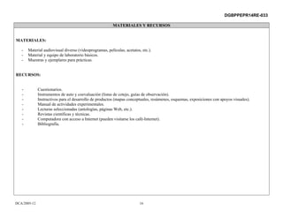 DGBPPEPR14RE-033

                                                         MATERIALES Y RECURSOS


MATERIALES:

   -   Material audiovisual diverso (videoprogramas, películas, acetatos, etc.).
   -   Material y equipo de laboratorio básicos.
   -   Muestras y ejemplares para prácticas.


RECURSOS:


   -          Cuestionarios.
   -          Instrumentos de auto y coevaluación (listas de cotejo, guías de observación).
   -          Instructivos para el desarrollo de productos (mapas conceptuales, resúmenes, esquemas, exposiciones con apoyos visuales).
   -          Manual de actividades experimentales.
   -          Lecturas seleccionadas (antologías, páginas Web, etc.).
   -          Revistas científicas y técnicas.
   -          Computadora con acceso a Internet (pueden visitarse los café-Internet).
   -          Bibliografía.




DCA/2005-12                                                              16
 