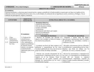 DGBPPEPR14RE-033
 UNIDAD III          Diversidad biológica.                                   ASIGNACIÓN DE TIEMPO                                 18 horas
                                                             OBJETIVO DE UNIDAD
El estudiante:
Planteará problemas y soluciones para la preservación y manejo sostenible de la biodiversidad en nuestro país con base en el análisis de los
diferentes criterios de clasificación de los seres vivos, su diversidad y la valoración de su importancia social, económica y biológica. En un
ambiente de participación, respeto y tolerancia.

                                OBJETIVOS
        CONTENIDO                                                              ESTRATEGIA DIDÁCTICA SUGERIDA
                                TEMÁTICOS
                                                        Modalidad Didáctica
                                                       -Exposición Interrogativa.
                                                       -Foro de discusión y debate.
                                                       -Lectura comentada.
                                                       -Conferencias.
                                                       -Participación individual y por equipo.
                                                       -Prácticas de laboratorio.
                             El estudiante:            - Revisión documental.
                                                                  Estrategias de Enseñanza                   Estrategias de Aprendizaje
3.1      Virus.              3.1 Explicará las         - Realizar un encuadre que describa el - Preguntar y aclarar todas las dudas,
3.1.1    Definición y        características e         objetivo de la unidad, la forma de trabajo y apreciaciones o aportaciones sobre los estilos
         características.    importancia de los        los criterios de evaluación.                 de aprendizaje, las actividades a realizar y
3.1.3    Importancia de      virus, analizando su                                                   evidencias a evaluar.
         los virus.          impacto en problemas
                             de salud de nuestro       - Coordinar una lluvia de ideas respecto a la     - Recordar conocimientos previos referentes
                             entorno y en especies     definición y características de los virus.        a la definición y características de los virus.
                             económicamente            Acordar la definición de virus, tras revisar en   Realizar una ficha de trabajo con la
                             importantes para el ser   grupo las fichas de trabajo realizadas.           definición de virus y comentar en pares.
                             humano.
                                                       - Solicitar una consulta documental de las        - Revisar las características e importancia de
                                                       características e importancia de los virus y su   los virus y su trascendencia en problemas de
                                                       impacto en el ser humano. Guiar la                salud del ser humano y especies
                                                       elaboración de un cuadro resumen que              económicamente importantes. Exponer al
                                                       destaque las características de los virus y       grupo el cuadro resumen elaborado y acordar
                                                       retroalimentar al grupo.                          conclusiones.


DCA/2005-12                                                               26
 