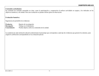 DGBPPEPR14RE-033

Contenidos actitudinales:
Se evaluarán las actitudes mostradas en clase, como la participación y cooperación al realizar actividades en equipo y las indicadas en los
objetivos temáticos y de unidad. Para esta evaluación se pueden utilizar guías de observación.


Evaluación Sumativa:

Sugerencias de portafolio de evidencias:

Productos:           Reporte de investigación.
Desempeño:           Trabajo en el laboratorio.
Conocimiento:        Prueba objetiva sobre los contenidos de la unidad.


La academia de cada institución educativa determinará el porcentaje que corresponda a cada tipo de evidencias que generen los alumnos, para
asignar la calificación correspondiente en la evaluación parcial.




DCA/2005-12                                                           31
 