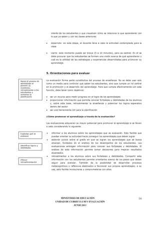 MINISTERIO DE EDUCACIÓN
UNIDAD DE CURRÍCULUM Y EVALUACIÓN
JUNIO 2011
16
interés de los estudiantes y que visualicen cómo se relaciona lo que aprenderán con
lo que ya saben y con las clases anteriores
• desarrollo: en esta etapa, el docente lleva a cabo la actividad contemplada para la
clase
• cierre: este momento puede ser breve (5 a 10 minutos), pero es central. En él se
debe procurar que los estudiantes se formen una visión acerca de qué aprendieron y
cuál es la utilidad de las estrategias y experiencias desarrolladas para promover su
aprendizaje.
5. Orientaciones para evaluar
La evaluación forma parte constitutiva del proceso de enseñanza. No se debe usar solo
como un medio para controlar qué saben los estudiantes, sino que cumple un rol central
en la promoción y el desarrollo del aprendizaje. Para que cumpla efectivamente con esta
función, debe tener como objetivos:
• ser un recurso para medir progreso en el logro de los aprendizajes
• proporcionar información que permita conocer fortalezas y debilidades de los alumnos
y, sobre esta base, retroalimentar la enseñanza y potenciar los logros esperados
dentro del sector
• ser una herramienta útil para la planificación
¿Cómo promover el aprendizaje a través de la evaluación?
Las evaluaciones adquieren su mayor potencial para promover el aprendizaje si se llevan
a cabo considerando lo siguiente:
• informar a los alumnos sobre los aprendizajes que se evaluarán. Esto facilita que
puedan orientar su actividad hacia conseguir los aprendizajes que deben lograr
• elaborar juicios sobre el grado en que se logran los aprendizajes que se busca
alcanzar, fundados en el análisis de los desempeños de los estudiantes. Las
evaluaciones entregan información para conocer sus fortalezas y debilidades. El
análisis de esta información permite tomar decisiones para mejorar resultados
alcanzados
• retroalimentar a los alumnos sobre sus fortalezas y debilidades. Compartir esta
información con los estudiantes permite orientarlos acerca de los pasos que deben
seguir para avanzar. También da la posibilidad de desarrollar procesos
metacognitivos y reflexivos destinados a favorecer sus propios aprendizajes; a su
vez, esto facilita involucrarse y comprometerse con ellos.
Apoya el proceso de
aprendizaje al
permitir su
monitoreo,
retroalimentar a los
estudiantes y
sustentar la
planificación
Explicitar qué se
evaluará
Identificar logros y
debilidades
Ofrecer
retroalimentación
 
