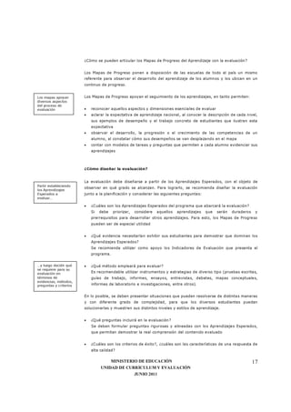 MINISTERIO DE EDUCACIÓN
UNIDAD DE CURRÍCULUM Y EVALUACIÓN
JUNIO 2011
17
¿Cómo se pueden articular los Mapas de Progreso del Aprendizaje con la evaluación?
Los Mapas de Progreso ponen a disposición de las escuelas de todo el país un mismo
referente para observar el desarrollo del aprendizaje de los alumnos y los ubican en un
continuo de progreso.
Los Mapas de Progreso apoyan el seguimiento de los aprendizajes, en tanto permiten:
• reconocer aquellos aspectos y dimensiones esenciales de evaluar
• aclarar la expectativa de aprendizaje nacional, al conocer la descripción de cada nivel,
sus ejemplos de desempeño y el trabajo concreto de estudiantes que ilustran esta
expectativa
• observar el desarrollo, la progresión o el crecimiento de las competencias de un
alumno, al constatar cómo sus desempeños se van desplazando en el mapa
• contar con modelos de tareas y preguntas que permiten a cada alumno evidenciar sus
aprendizajes
¿Cómo diseñar la evaluación?
La evaluación debe diseñarse a partir de los Aprendizajes Esperados, con el objeto de
observar en qué grado se alcanzan. Para lograrlo, se recomienda diseñar la evaluación
junto a la planificación y considerar las siguientes preguntas:
• ¿Cuáles son los Aprendizajes Esperados del programa que abarcará la evaluación?
Si debe priorizar, considere aquellos aprendizajes que serán duraderos y
prerrequisitos para desarrollar otros aprendizajes. Para esto, los Mapas de Progreso
pueden ser de especial utilidad
• ¿Qué evidencia necesitarían exhibir sus estudiantes para demostrar que dominan los
Aprendizajes Esperados?
Se recomienda utilizar como apoyo los Indicadores de Evaluación que presenta el
programa.
• ¿Qué método empleará para evaluar?
Es recomendable utilizar instrumentos y estrategias de diverso tipo (pruebas escritas,
guías de trabajo, informes, ensayos, entrevistas, debates, mapas conceptuales,
informes de laboratorio e investigaciones, entre otros).
En lo posible, se deben presentar situaciones que pueden resolverse de distintas maneras
y con diferente grado de complejidad, para que los diversos estudiantes puedan
solucionarlas y muestren sus distintos niveles y estilos de aprendizaje.
• ¿Qué preguntas incluirá en la evaluación?
Se deben formular preguntas rigurosas y alineadas con los Aprendizajes Esperados,
que permitan demostrar la real comprensión del contenido evaluado
• ¿Cuáles son los criterios de éxito?, ¿cuáles son las características de una respuesta de
alta calidad?
Los mapas apoyan
diversos aspectos
del proceso de
evaluación
…y luego decidir qué
se requiere para su
evaluación en
términos de
evidencias, métodos,
preguntas y criterios
Partir estableciendo
los Aprendizajes
Esperados a
evaluar…
 