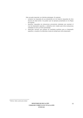 MINISTERIO DE EDUCACIÓN
UNIDAD DE CURRÍCULUM Y EVALUACIÓN
JUNIO 2011
18
Esto se puede responder con distintas estrategias. Por ejemplo:
o comparar las respuestas de sus estudiantes con las mejores respuestas de otros
alumnos de edad similar. Se pueden usar los ejemplos presentados en los Mapas
de Progreso
o identificar respuestas de evaluaciones previamente realizadas que expresen el
nivel de desempeño esperado, y utilizarlas como modelo para otras evaluaciones
realizadas en torno al mismo aprendizaje
o desarrollar rúbricas6
que indiquen los resultados explícitos para un desempeño
específico y muestren los diferentes niveles de calidad para dicho desempeño
6
Rúbrica: tabla o pauta para evaluar
 