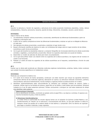 MINISTERIO DE EDUCACIÓN
UNIDAD DE CURRÍCULUM Y EVALUACIÓN
JUNIO 2011
33
Ejemplos de actividades
AE 1
Describir la estructura y función de organelos y estructuras de la célula eucarionte (membrana plasmática, núcleo, retículo
endoplasmático, ribosoma, peroxisoma, lisosoma, aparato de Golgi, mitocondria, cloroplasto, vacuola y pared celular).
Actividades
Viaje al interior de las células.
1. Los estudiantes comparan células procariontes y eucariontes, identificando las diferencias fundamentales a partir de
imágenes e información web.
2. A partir de los cuadros comparativos toman las diferencias fundamentales y explican en qué se ve reflejada la diferencia
en cada caso.
3. Dan ejemplos de células procariontes y eucariontes y explicitan el lugar donde viven.
4. Buscan información científica de interés en la web y en la biblioteca del colegio sobre el origen evolutivo de las células
eucarióticas a partir de las procarióticas
5. Con la guía del docente los estudiantes observan y comparan fotografías de microscopía electrónica de células eucariontes
animales y vegetales y, eventualmente, procariontes. Rotulan los organelos observados con ayuda de modelos.
6. Desarrollan un modelo de cada tipo de célula para hacer una presentación.
7. Con la guía del profesor hacen una relación entre los organelos de la célula eucariótica y los órganos del ser humano en
cuanto a sus funciones.
8. Realizan un cuadro de todos los organelos de las células eucarióticas con el esquema, características y función de cada
uno de ellos.
AE 2
Explicar que la célula está constituida por diferentes moléculas orgánicas (carbohidratos, proteínas, lípidos, ácidos nucleicos)
que cumplen funciones específicas en el metabolismo celular.
Actividades
Moléculas que componen la materia viva.
1. ® A partir de la lectura de textos apropiados, construyen una tabla resumen que incluya los siguientes elementos:
composición atómica de las moléculas orgánicas, descripción en cuanto a su estructura molecular (monómero, polímero,
macromolécula, estructura tridimensional), función biológica y lugar(es) donde se puede encontrar en la célula.
2. Identifican experimentalmente estas macromoléculas en alimentos que contengan hidratos de carbono, lípidos y
proteínas. Utilizan lugol en los hidratos de carbono, papel filtro en los lípidos y ácido acético para las proteínas. (Extremar
cuidados en el uso de estas sustancias químicas). Extraer conclusiones y averiguar por qué estas sustancias se utilizan
para identificar cada sustancia.
Observaciones al docente
Para la identificación de lípidos, el alimento se aplasta contra el papel filtro y se observa a contraluz. Si aparece una
mancha translúcida de grasa, el test es positivo.
® Relaciones interdisciplinarias
La unidad ofrece la oportunidad de vincular algunos temas con el subsector de Química (unidad Materia y sus
transformaciones) en relación con la estructura y funcionamiento del átomo, ya que para estudiar la célula es
necesario revisar las escalas de la materia desde el nivel atómico y comprender cómo los átomos se organizan
para llegar a constituir moléculas y luego organelos.
 
