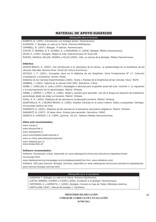 MINISTERIO DE EDUCACIÓN
UNIDAD DE CURRÍCULUM Y EVALUACIÓN
JUNIO 2011
45
MATERIAL DE APOYO SUGERIDO
Bibliografía para el docente
ALBERTS, B. (2005). Introducción a la biología celular. Panamericana.
AUDERSIK, T. Biología, La vida en la Tierra. Prentice Hall/Pearson.
CAMPBELL, N. (2007). Biología. 7ª edición. Panamericana.
CURTIS, H. BARNES, N. S. SCHNEK, A. y MASSARINI, A. (2008). Biología. Médica Panamericana.
ODUM, E. (1995). Ecología. Peligra la vida. Interamericana Mc Graw-Hill.
PURVES, SADAVA, HELLER, ORIANS y HILLIS (2009). Vida, La ciencia de la Biología. Médica Panamericana.
Didáctica
ADÚRIZ-BRAVO, A. (2005). Una introducción a la naturaleza de la ciencia. La epistemología en la enseñanza de las
ciencias naturales. Buenos Aires: Fondo de Cultura Económica.
ASTOLFI, J. P. (2001). Conceptos clave en la didáctica de las disciplinas. Serie Fundamentos N° 17. Colección
investigación y enseñanza. Sevilla: Díada.
Didáctica de las Ciencias Experimentales (2000). Teoría y Práctica de la Enseñanza de las Ciencias. Alcoy: Marfil.
GRIBBIN, J. (2005). Historia de la ciencia 1543-2001. Barcelona: Crítica.
JORBA, J. CASELLAS, E. (eds.) (1997). Estrategias y técnicas para la gestión social del aula. Volumen I: La regulación
y la autorregulación de los aprendizajes. Madrid: Síntesis.
JORBA, J. GÓMEZ, I. y PRAT, A. (2000). Hablar y escribir para aprender. Uso de la lengua en situación de enseñanza-
aprendizaje desde las áreas curriculares. Madrid: Síntesis.
PUJOL, R. M. (2003). Didáctica de las ciencias en la educación primaria. Madrid: Síntesis.
QUINTANILLA, M. y ADÚRIZ-BRAVO, A. (2006). Enseñar Ciencias en el nuevo milenio. Retos y propuestas. Santiago:
Universidad Católica de Chile.
SANMARTÍ, N. (2002). Didáctica de las ciencias en la educación secundaria obligatoria. Madrid: Síntesis.
SANMARTÍ, N. (2007). 10 ideas clave. Evaluar para aprender. Barcelona: GRAÓ.
GARRITZ A. CHAMIZO J. A. (1994). Química. EE.UU.: Addison-Wesley Iberoamericana.
Sitios web recomendados:
www.creces.cl
www.educarchile.cl
www.catalogored.cl
www.tuscompetenciasenciencias.cl
www.uc.cl/sw_educ/educacion/grecia/
www.redsalud.gov.cl
www.bioapuntes.cl/
Software recomendados:
Software: Microscopio virtual, disponible en www.catalogored.cl/recursos-educativos-digitales/virtual-
microscope.html
www.hjaldanamarcos.bravepages.com/unidades/unidad2/rer.htm; www.cellsalive.com/
Software: SES para Ciencias: Biología, Osmosis, disponible en www.catalogored.cl/recursos-educativos-digitales/ses-
para-ciencias-biologia-osmosis.html
Bibliografía para el estudiante
AUDERSIK T. Biología, La vida en la Tierra. Prentice Hall/Pearson.
CURTIS, BARNES, SCHNEK y FLORES (2006). Invitación a la Biología. Panamericana.
HOFFMANN, A. y ARMESTO, J. (2008). Ecología, Conocer la Casa de Todos. Biblioteca América.
SANTILLANA (2007). Manual de biología 1. Santillana.
 