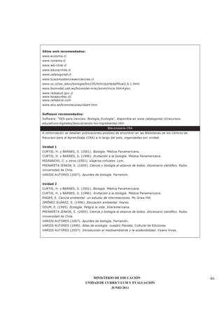 MINISTERIO DE EDUCACIÓN
UNIDAD DE CURRÍCULUM Y EVALUACIÓN
JUNIO 2011
46
Sitios web recomendados:
www.ecolyma.cl
www.conama.cl
www.ieb-chile.cl
www.educarchile.cl
www.catalogored.cl
www.tuscompetenciasenciencias.cl
www.uc.cl/sw_educ/biologia/bio100/html/portadaMIval2.6.1.html
www.biomodel.uah.es/biomodel-misc/anim/inicio.htm#gluc
www.redsalud.gov.cl
www.bioapuntes.cl/
www.cellsalive.com
www.ehu.es/biomoleculas/cibert.htm
Software recomendados:
Software: “SES para ciencias: Biología, Ecología”, disponible en www.catalogored.cl/recursos-
educativos-digitales/descubriendo-los-ingredientes.htm
BIBLIOGRAFÍA CRA
A continuación se detallan publicaciones posibles de encontrar en las Bibliotecas de los Centros de
Recursos para el Aprendizaje (CRA) a lo largo del país, organizadas por unidad:
Unidad 1
CURTIS, H. y BARNES, S. (2001). Biología. Médica Panamericana.
CURTIS, H. y BARNES, S. (1996). Invitación a la biología. Médica Panamericana.
MISRANCHI, C. y otros (2001). Viajeros virtuales. Lom.
PRENAFETA JENKIN, S. (2005). Ciencia y biología al alcance de todos: diccionario científico. Radio
Universidad de Chile.
VARIOS AUTORES (2007). Apuntes de biología. Parramón.
Unidad 2
CURTIS, H. y BARNES, S. (2001). Biología. Médica Panamericana.
CURTIS, H. y BARNES, S. (1996). Invitación a la biología. Médica Panamericana.
ENGER, E. Ciencia ambiental: un estudio de interrelaciones. Mc Graw-Hill.
JIMÉNEZ SUÁREZ, S. (1996). Educación ambiental. Hiares.
ODUM, E. (1995). Ecología. Peligra la vida. Interamericana.
PRENAFETA JENKIN, S. (2005). Ciencia y biología al alcance de todos: diccionario científico. Radio
Universidad de Chile.
VARIOS AUTORES (2007). Apuntes de biología. Parramón.
VARIOS AUTORES (1998). Atlas de ecología: nuestro Planeta. Cultural de Ediciones.
VARIOS AUTORES (2007). Introducción al medioambiente y la sostenibilidad. Vicens Vives.
 