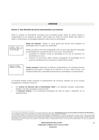 MINISTERIO DE EDUCACIÓN
UNIDAD DE CURRÍCULUM Y EVALUACIÓN
JUNIO 2011
47
ANEXOS
Anexo 1: Uso flexible de otros instrumentos curriculares
Existe un conjunto de instrumentos curriculares que los docentes pueden utilizar de manera conjunta y
complementaria con el programa de estudio. Estos pueden ser usados de manera flexible para apoyar el
diseño e implementación de estrategias didácticas y para evaluar los aprendizajes.
Mapas de Progreso7
. Ofrecen un marco global para conocer cómo progresan los
aprendizajes clave a lo largo de la escolaridad8
.
Pueden ser usados, entre otras posibilidades, como un apoyo para abordar la diversidad
de aprendizajes que se expresa al interior de un curso, ya que permiten:
• caracterizar los distintos niveles de aprendizaje en los que se encuentran los
estudiantes de un curso
• reconocer de qué manera deben continuar progresando los aprendizajes de los
grupos de estudiantes que se encuentran en estos distintos niveles
Textos escolares. Desarrollan los Objetivos Fundamentales y los Contenidos Mínimos
Obligatorios para apoyar el trabajo de los alumnos en el aula y fuera de ella, y les
entregan explicaciones y actividades para favorecer su aprendizaje y su autoevaluación.
Los docentes también pueden enriquecer la implementación del currículum, haciendo uso de los recursos
entregados por el Mineduc a través de:
• Los Centros de Recursos para el Aprendizaje (CRA) y los materiales impresos, audiovisuales,
digitales y concretos entregados a través de estos.
• El Programa Enlaces y las herramientas tecnológicas que este ha puesto a disposición de los
establecimientos.
7
En la página web del Ministerio de Educación se encuentra disponible el documento “Orientaciones para el uso de los Mapas de Progreso del Aprendizaje” y
otros materiales que buscan apoyar el trabajo con los mapas (www.curriculum-mineduc.cl/ayuda/documentos/).
8
En una página describen en 7 niveles el crecimiento típico del aprendizaje de los estudiantes en un ámbito o eje del sector a lo largo de los 12 años de escolaridad
obligatoria. Cada uno de estos niveles presenta una expectativa de aprendizaje correspondiente a dos años de escolaridad. Por ejemplo, el Nivel 1 corresponde al logro
que se espera para la mayoría de los niños y niñas al término de 2° básico; el Nivel 2 corresponde al término de 4° básico, y así sucesivamente. El Nivel 7 describe el
aprendizaje de un alumno o alumna que al egresar de la Educación Media es “sobresaliente”, es decir, va más allá de la expectativa para IV° medio, que describe el
Nivel 6 en cada mapa.
Orientan sobre la
progresión típica de
los aprendizajes
Apoyan el trabajo
didáctico en el aula
 