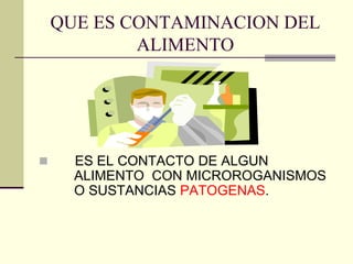 QUE ES CONTAMINACION DEL
ALIMENTO
◼ ES EL CONTACTO DE ALGUN
ALIMENTO CON MICROROGANISMOS
O SUSTANCIAS PATOGENAS.
 