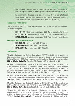 PASSO A PASSO DAS AÇÕES DO BRASIL SORRIDENTE
11
•	 Para realizar o credenciamento direto de um CEO, todos os re-
quisitos supracitados já terão que ser obedecidos (passos 1 e 2).
•	 Caso existam adequações a serem feitas, deverá ser pleiteado
inicialmente o adiantamento do recurso de implantação (passo 1)
e posteriormente o credenciamento do CEO (passo 2).
Incentivos financeiros:
Construção, ampliação, reforma, aquisição de instrumental e equipamen-
tos odontológicos:
•	 R$ 60.000,00 (parcela única) por CEO Tipo I para implantação.
•	 R$ 75.000,00 (parcela única) por CEO Tipo II para implantação.
•	 R$ 120.000,00 (parcela única) por CEO Tipo III para implantação.
Recursos mensais de custeio:
•	 R$ 8.250,00 por mês para CEO Tipo I.
•	 R$ 11.000,00 por mês para CEO Tipo II.
•	 R$ 19.250,00 por mês para CEO Tipo III.
Legislação
BRASIL. Ministério da Saúde. Portaria nº 283/GM, de 22 de fevereiro de
2005. Antecipa o incentivo financeiro para os Centros de Especialidades
Odontológicas (CEOs) em fase de implantação, e dá outras providências.
Diário Oficial da União, Brasília, DF, Seção I, 23 fev. 2005, p. 44.
BRASIL. Ministério da Saúde. Portaria nº 599/GM, de 23 de março de
2006. Define a implantação de Centros de Especialidades Odontológicas
(CEOs) e de Laboratórios Regionais de Próteses Dentárias (LRPDs) e
estabelece critérios, normas e requisitos para seu credenciamento. Diário
Oficial da União, Brasília, DF, Seção 1, n. 58, 24 mar. 2006, p. 51.
BRASIL. Ministério da Saúde. Portaria nº 600/GM, de 23 de março de
2006. Institui o financiamento dos Centros de Especialidades Odontológicas.
Diário Oficial da União, Brasília, DF, Seção 1, n. 58, 24 mar. 2006, p. 52.
BRASIL. Ministério da Saúde. Portaria nº 2.373/GM, de 7 de outubro de
2009. Altera a redação da Portaria nº 599/GM, de 23 de março de 2006.
Diário Oficial da União, Brasília, DF, Seção I, 9 out. 2009, p. 112.
BRASIL. Ministério da Saúde. Portaria nº 1.464/GM, de 24 de junho de 2011.
Altera o Anexo da Portaria nº 600/GM/MS, de 23 de março de 2006, que
institui o financiamento dos Centros de Especialidades Odontológicas
(CEOs). Diário Oficial da União, Brasília, DF, Seção 1, n. 121, 27 jun. 2011, p. 112.
 