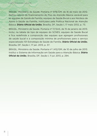 8
MINISTÉRIO DA SAÚDE
8
BRASIL. Ministério da Saúde. Portaria nº 978/GM, de 16 de maio de 2012.
Define valores de financiamento do Piso da Atenção Básica variável para
as equipes de Saúde da Família, equipes de Saúde Bucal e aos Núcleos de
Apoio à Saúde da Família, instituídos pela Política Nacional de Atenção
Básica. Diário Oficial da União, Brasília, DF, Seção I, 17 maio 2012, p. 73.
BRASIL. Ministério da Saúde. Portaria nº 17/SAS, de 15 de janeiro de 2013.
Inclui, na tabela de tipo de equipes do SCNES, equipes de Saúde Bucal
e fica redefinida a composição das equipes que agregam profissionais
de saúde bucal e a composição mínima de profissionais para o serviço
especializado 101 Estratégia de Saúde de Família. Diário Oficial da União,
Brasília, DF, Seção I, 17 jan. 2013, p. 37.
BRASIL. Ministério da Saúde. Portaria nº 1.412/GM, de 10 de julho de 2013.
Institui o Sistema de Informação em Saúde para a Atenção Básica. Diário
Oficial da União, Brasília, DF, Seção I, 11 jul. 2013, p. 294.
 