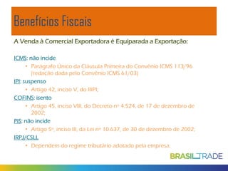 Benefícios Fiscais
A Venda à Comercial Exportadora é Equiparada a Exportação:
ICMS: não incide
• Parágrafo Único da Cláusula Primeira do Convênio ICMS 113/96
(redação dada pelo Convênio ICMS 61/03)
IPI: suspenso
• Artigo 42, inciso V, do RIPI;
COFINS: isento
• Artigo 45, inciso VIII, do Decreto nº 4.524, de 17 de dezembro de
2002;
PIS: não incide
• Artigo 5º, inciso III, da Lei nº 10.637, de 30 de dezembro de 2002;
IRPJ/CSLL
• Dependem do regime tributário adotado pela empresa.

 