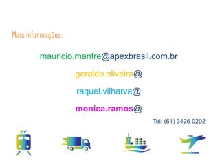 Mais informações:
mauricio.manfre@apexbrasil.com.br
geraldo.oliveira@
raquel.vilharva@
monica.ramos@
Tel: (61) 3426 0202
pexbrasil.com.br

 