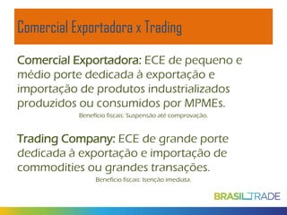 Comercial Exportadora x Trading
Comercial Exportadora: ECE de pequeno e
médio porte dedicada à exportação e
importação de produtos industrializados
produzidos ou consumidos por MPMEs.
Benefício fiscais: Suspensão até comprovação.

Trading Company: ECE de grande porte
dedicada à exportação e importação de
commodities ou grandes transações.
Benefício fiscais: Isenção imediata.

 