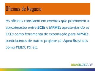 Oficinas de Negócio
As oficinas consistem em eventos que promovem a
aproximação entre ECEs e MPMEs apresentando as
ECEs como ferramenta de exportação para MPMEs
participantes de outros projetos da Apex-Brasil tais
como PEIEX; PS; etc.

 