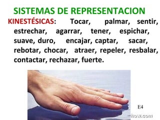 SISTEMAS DE REPRESENTACION
KINESTÉSICAS: Tocar, palmar, sentir,
estrechar, agarrar, tener, espichar,
suave, duro, encajar, captar, sacar,
rebotar, chocar, atraer, repeler, resbalar,
contactar, rechazar, fuerte.
E4
 
