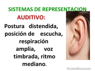 SISTEMAS DE REPRESENTACION
AUDITIVO:
Postura distendida,
posición de escucha,
respiración
amplia, voz
timbrada, ritmo
mediano.
 