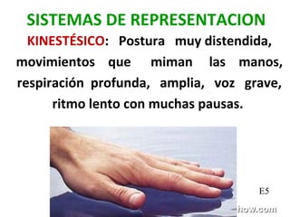 SISTEMAS DE REPRESENTACION
KINESTÉSICO: Postura muy distendida,
movimientos que miman las manos,
respiración profunda, amplia, voz grave,
ritmo lento con muchas pausas.
E5
 
