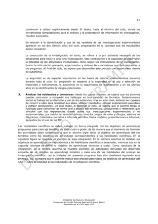 22


      comienzan a utilizar explícitamente desde 3º básico hasta el término del ciclo, donde las
      herramientas computaciones para el análisis y la presentación de información en investigación,
      resultan esenciales.

      En relación a la identificación y uso de las variables de las investigaciones experimentales
      aparecen en los dos últimos años del ciclo, progresando en la cantidad que los estudiantes
      deben considerar.

      La conducción de la investigación, en tanto, se refiere a la pro actividad necesaria de los
      estudiantes para llevar a cabo una investigación. Esto corresponde a la capacidad de desarrollar
      la totalidad de las actividades involucradas, como seguir las instrucciones de la investigación,
      buscar la información relevante, experimentar y obtener las conclusiones que den respuestas a
      las preguntas. Al final del ciclo, se espera que desarrollen este proceso con importantes niveles
      de autonomía.

      La seguridad es de especial importancia en las bases de ciencia, manteniéndose presente
      durante todo el ciclo. Su progresión es respecto a la seguridad en el uso y selección de
      materiales e instrumentos, la autonomía en el seguimiento de instrucciones y en los últimos
      años en la identificación de riesgos potenciales.

3.    Analizar las evidencias y comunicar: desde los cursos iniciales, se espera que los alumnos
      puedan comunicar y compartir sus hallazgos en una variedad de formatos. Posteriormente
      inician el trabajo de la obtención y uso de las evidencias, y ya en este nivel, deberán ser capaces
      de recurrir a ellas para respaldar sus ideas, obtener resultados, otorgar explicaciones plausibles
      y extraer conclusiones. De este modo, al terminar el ciclo, se espera que el alumno tenga la
      habilidad para comunicar de forma oral y escrita sus evidencias, conclusiones y reflexiones que
      vinculen con sus experiencias diarias sobre sus investigaciones experimentales y no
      experimentales, por medio de variadas formas como los juegos de roles y dibujos, además de
      diagramas, materiales concretos e informes sencillos, hasta modelos, presentaciones e informes,
      apoyados por el uso de las TIC.

Las habilidades científicas se deben trabajar en forma integrada con los objetivos de aprendizaje
propuestos para cada eje temático de cada curso o grado, de tal manera que al momento de formular
las actividades estas contribuyan a que el alumno logre tanto el objetivo de aprendizaje del eje
temático como los objetivos de aprendizaje correspondientes a las habilidades científicas. En la
siguiente figura se muestra un ejemplo de esta integración. En la primera columna se detallan los
objetivos de aprendizaje correspondientes a las habilidades científicas a desarrollar, mientras que en la
segunda columna se define el objetivo de aprendizaje temático a tratar. Como resultado de la
integración, en la tercera columna se muestra ejemplos de actividades derivadas del desarrollo
conjunto de un objetivo de aprendizaje temático y cada una de las habilidades del proceso de
investigación científica. Las actividades del presente programa han sido diseñadas siguiendo este
principio. Así, se espera que el docente realice este proceso para todos los objetivos de aprendizaje del
año, y cubra la totalidad de las habilidades de investigación científica.




                                       Unidad de Currículum y Evaluación
                              Programas de Estudio Ciencias Naturales Primero Básico
                                        Aprobado por el CNED sept 2012
 