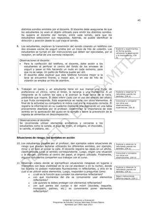 45


    distintos sonidos emitidos por el docente. El docente debe asegurarse de que
    los estudiantes no vean el objeto utilizado para emitir los distintos sonidos.
    Se sugiere al docente dar tiempo, entre cada sonido, para que los
    estudiantes seleccionen sus respuestas. Además, se puede identificar la
    dirección y posición desde la cual viaja el sonido.

8. Los estudiantes, exploran la transmisión del sonido creando un teléfono con
   dos envases vacíos de yogurt unidos por un trozo de hilo de volantín. Los             Explorar y experimentar,
                                                                                         en forma guiada,
   estudiantes se turnan en dar instrucciones que deben ser ejecutadas, por el           utilizando la observación
   receptor, en señal de una correcta recepción.                                         y la manipulación. (OA
                                                                                         b)
  Observaciones al docente:
    Para la confección del teléfono, el docente, debe asistir a los
     estudiantes al perforar el centro del fondo de los envases de
     yogurt y pasar el hilo haciendo un nudo en cada extremo, para
     que no se salga. Un palito de fósforos puede ser útil.
    El docente debe explicar que éste teléfono funciona mejor si la
     lana se encuentra tirante, y mejor aún, si en vez de hilo de
     volantín se emplea un hilo de alambre.


9. Trabajan en pares y un estudiante tiene en sus manos una fruta, de
   preferencia un cítrico, como el limón, la naranja o una mandarina. A un               Explorar y observar la
   integrante se le cubren los ojos y le acercan la fruta cerca de la nariz,             naturaleza usando los
                                                                                         sentidos. (OA a)
   pidiéndole que inspire. Él debe inferir (solo con el uso del sentido del olfato)
   a que fruta corresponde. Esta experiencia se repite con otros elementos. Al           Comunicar y comparar
   final de la actividad su compañero le indica cual era la respuesta correcta. Él       con otros sus
   registra la información en su cuaderno mediante una ilustración en una tabla          observaciones y
                                                                                         experiencias. (OA d)
   previamente diseñada por el profesor. Determinan la importancia de este
   sentido en la apreciación del gusto en la comida y sobre la prevención de la
   ingesta de alimentos en descomposición.

  Observaciones al docente:
  Se recomienda utilizar elementos aromáticos y cercanos a los
  estudiantes como la canela, el jugo de limón, el orégano, el chocolate,
  la vainilla, el plátano, etc.


Situaciones de riesgo: los sentidos en acción

10. Los estudiantes guiados por el profesor, dan ejemplos sobre situaciones de           Explorar y observar la
    riesgo que pueden evitarse utilizando los diferentes sentidos, por ejemplo,          naturaleza usando los
    mirar y oír bien al cruzar la calle. El docente registra las ideas en un afiche,     sentidos. (OA a)
    clasificándolas junto al sentido correspondiente. Luego, eligen una situación
                                                                                         Comunicar y comparar
    y la dibujan, poniendo al centro del papel, el órgano utilizado. Finalmente,         con otros sus
    algunos voluntarios comparten sus trabajos con el curso.                             observaciones. (OA d)


11. Observan videos donde se ejemplifican situaciones riesgosas en lugares y
    momentos con baja visibilidad en la vía (al atardecer o en la noche), donde          Explorar y observar la
    los sujetos no posean materiales fluorescentes ni reflectantes, y otra en la         naturaleza usando los
    cual sí se utilicen estos elementos. Luego, responden a preguntas como:              sentidos. (OA a)
              ¿cuál es la función que cumplen los elementos reflectantes?
                                                                                         Seguir instrucciones
              ¿en qué momentos del día es conveniente usar elementos                    deforma segura. (OA c)
               reflectantes?
              ¿de quienes te debes proteger con elementos reflectantes?
              ¿en qué partes del cuerpo o del móvil (bicicleta, esqueite,
               monopatín, patines, etc.) es conveniente poner elementos
               reflectantes?


                                         Unidad de Currículum y Evaluación
                                Programas de Estudio Ciencias Naturales Primero Básico
                                           Aprobado por CNED sept 2012
 