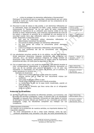 46


            ¿cómo te protegen los elementos reflectantes o fluorescentes?
   Distinguen la importancia para su seguridad, comprendiendo que son vistos
   durante la noche con mucha mayor anticipación por los conductores de los
   vehículos motorizados.

12. Oscurecer la sala de clases lo más posible, y con elementos reflectantes en         Explorar y experimentar,
    su vestimenta, sacan una fotografía con flash. Luego, analizan la fotografía        en forma guiada,
    reconociendo la “devolución” de luz por parte de estos implementos,                 utilizando la observación
                                                                                        y la manipulación. (OA
    señalando la importancia de su utilización para hacerse visible en las vías         b)
    durante la noche. Posteriormente, usan linternas (representando las luces de
    los autos) y observan el aumento de la visibilidad de una persona en la             Seguir     instrucciones
    oscuridad cuando tiene algo reflectante sobre su cuerpo y cuando no lo              deforma segura. (OA c)
    posee. Responden a preguntas como:
           ¿por qué es importante utilizar elementos reflectantes en
            determinados momentos? Da ejemplos.
           ¿de quienes te debes proteger con elementos reflectantes?
           ¿en qué partes del cuerpo es conveniente poner elementos
            reflectantes?
           ¿cómo te protegen los elementos reflectantes o fluorescentes?
           ¿en qué momentos del día es conveniente usar elementos
            reflectantes?

13. Los estudiantes escuchan sonidos de la vía pública, con los ojos cerrados,
    donde aparezcan situaciones riesgosas (accidentes, casi accidentes con              Explorar y observar la
    vehículos, etc.); así también observan imágenes sin sonido también de               naturaleza usando los
    situaciones viales riesgosas, ejemplificando en ambos casos la importancia          sentidos. (OA a)

    preventiva del oído y la visión para la seguridad en las vías.

14. Con un papel lustre rojo y uno verde los estudiantes, que deberán levantar el
                                                                                        Seguir instrucciones
    color correspondiente dependiendo si la situación descrita, demuestra un
                                                                                        deforma segura. (OA c)
    buen uso de los sentidos para prevenir accidentes o no. El color rojo
    representa un inapropiado uso del órgano del sentido, por el contrario, el          Comunicar y comparar
    verde representa un correcto uso.                                                   con otros sus
                                                                                        observaciones. (OA d)
        Ejemplos de situaciones:
           Pedro mira a ambos lados de la calle antes de cruzarla.
           Adriana camina por la línea del tren escuchando música con
            audífonos.
           Juan juega al cieguito camino a casa.
           Tomás juega a la pelota cerca de la estufa encendida.
           La mamá toma lo olla con la sopa recién recalentada, usando un
            paño de cocina.
           Laura huele un alimento que lleva varios días en el refrigerador
            antes de comerlo.

Protección de los sentidos

15. Se inicia la actividad recordando los diferentes sentidos, sus funciones y las      Seguir instrucciones
    acciones que permiten protegerlos. Luego, el docente pide a los estudiantes         deforma segura. (OA c)
    completar un pequeño libro individual, incluyendo en cada página el nombre          Comunicar y comparar
    de un órgano sensorial, dibujos que ilustren su uso y acciones que permiten         con otros sus ideas y
    protegerlos. Luego, los estudiantes comparten sus trabajos con sus                  observaciones. (OA d)
    compañeros.

 Observaciones al docente:
 En relación con la protección de nuestros sentidos, es importante destacar los
 siguientes aspectos:
    No mirar directamente el Sol u otras luces intensas, como las que
     producen ampolletas muy cercanas a los ojos, las luces provenientes de



                                        Unidad de Currículum y Evaluación
                               Programas de Estudio Ciencias Naturales Primero Básico
                                          Aprobado por CNED sept 2012
 