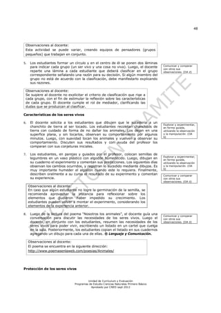 48




 Observaciones al docente:
 Esta actividad se puede variar, creando equipos de pensadores (grupos
 pequeños) que trabajan en conjunto.

5.    Los estudiantes formar un círculo y en el centro de él se ponen dos láminas
      para indicar cada grupo (un ser vivo y una cosa no viva). Luego, el docente         Comunicar y comparar
                                                                                          con otros sus
      reparte una lámina a cada estudiante que deberá clasificar en el grupo              observaciones. (OA d)
      correspondiente señalando una razón para su decisión. Si algún miembro del
      grupo no está de acuerdo con la clasificación, debe manifestarlo explicando
      sus razones.

 Observaciones al docente:
 Se sugiere al docente no explicitar el criterio de clasificación que rige a
 cada grupo, con el fin de estimular la reflexión sobre las características
 de cada grupo. El docente cumple el rol de mediador, clarificando las
 dudas que se produzcan al clasificar.

Características de los seres vivos

6.    El docente solicita a los estudiantes que dibujen que le sucederia a un
                                                                                          Explorar y experimentar,
      chanchito de tierra al ser tocado. Los estudiantes recoletan chanchitos de          en forma guiada,
      tierra con cuidado de forma de no dañar los animales. Los dejan en una              utilizando la observación
      superfice plana, y sin tocarlos, observan su comportamiento por algunos             y la manipulación. (OA
                                                                                          b)
      minutos. Luego, con suavidad tocan los animales y vuelven a observar su
      comportamiento. Discuten sus resultados y con ayuda del profesor los
      comparan con sus conjeturas iniciales.

7.    Los estudiantes, en parejas y guiados por el profesor, colocan semillas de
                                                                                          Explorar y experimentar,
      legumbres en un vaso plástico con algodón húmedecido. Luego, dibujan en             en forma guiada,
      su cuaderno el experimento y comentan sus predicciones. Los siguientes días         utilizando la observación
      observan los cambios ocurridos, y registran lo sucedido mediante dibujos. Es        y la manipulación. (OA
                                                                                          b)
      muy importante humeder el algodón cuando este lo requiera. Finalmente,
      describen oralmente a su curso el resultado de su experimento y comentan            Comunicar y comparar
      su experiencia.                                                                     con otros sus
                                                                                          observaciones. (OA d)
     Observaciones al docente:
     En caso que algún estudiante no logre la germinación de la semilla, se
     recomienda aprovechar la instancia para reflexionar sobre los
     elementos que pudieron haber impedido su crecimiento. Los
     estudiantes pueden volver a montar el experimento, considerando los
     elementos de la experiencia anterior.

8.    Luego de la lectura del poema “Nosotros los animales”, el docente guía una
                                                                                          Comunicar y comparar
      conversación para discutir las necesidades de los seres vivos. Luego el             con otros sus
      docente, en conjunto con los estudiantes, resumen las necesidades de los            observaciones. (OA d)
      seres vivos para poder vivir, escribiendo un listado en un cartel que cuelga
      en la sala. Posteriormente, los estudiantes copian el listado en sus cuadernos
      agregando un dibujo para cada una de ellas. ® Lenguaje y Comunicación.

     Observaciones al docente:
     El poema se encuentra en la siguiente dirección:
     http://www.poemasenlaweb.com/poesias/Animales/




Protección de los seres vivos


                                          Unidad de Currículum y Evaluación
                                 Programas de Estudio Ciencias Naturales Primero Básico
                                            Aprobado por CNED sept 2012
 