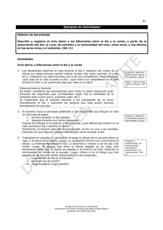 81

                                      Ejemplos de Actividades

Objetivo de Aprendizaje

Describir y registrar el ciclo diario y las diferencias entre el día y la noche, a partir de la
observación del Sol, la Luna, las estrellas y la luminosidad del cielo, entre otras, y sus efectos
en los seres vivos y el ambiente. (OA 11)



Actividades

Ciclo diario, y diferencias entre el día y la noche

1. Los estudiantes observan el cielo durante el día y registran por medio de un
                                                                                       Explorar y observar
   dibujo sus observaciones usando colores (nubes, Sol, aves, aviones, la Luna,        la naturaleza usando
   etc.). Comparan sus observaciones con la de sus compañeros. Preguntándose:          los sentidos. (OA a)
   ¿qué viste en el cielo durante el día?, ¿qué vieron tus compañeros en el cielo
   durante el día? y ¿te sorprendió algo que viste en el cielo?                        Seguir instrucciones
                                                                                       deforma segura. (OA
                                                                                       c)
 Observaciones al docente:
 Se deben considerar las precauciones para evitar la sobre exposición solar
 tomando los resguardos que correspondan según sea la intensidad de la
 radiación solar (como gorro, protector solar, etc.).
 Es importante que el docente advierta a los estudiantes de no mirar
 directamente al Sol y explicarle los peligros que esta acción provoca
 directamente en sus ojos.

2. El docente inicia la actividad pidiéndole a los estudiantes que dibujen el cielo
   en una hoja de papel,                                                               Explorar y observar
          primero durante un día soleado,                                             la naturaleza usando
          después durante una noche despejada.                                        los sentidos. (OA a)
   Expone los dibujos en la pizarra y les pregunta, ¿qué diferencias existen en el
   cielo durante el día y durante la noche?
   Finalmente, el docente describe la luminosidad, el Sol, la Luna y las estrellas,
   haciendo ver que algunos cuerpos solo pueden verse durante el día.

3. Trabajando en parejas, un estudiante se pega un dibujo de su escuela sobre su
   ropa, a la altura de su pecho. Luego, su compañero ilumina con una linterna el      Explorar y
   dibujo. La linterna representa el Sol. Lo describen e indican si es de día o de     experimentar, en
                                                                                       forma guiada,
   noche. Luego, el alumno que tiene el dibujo pegado en su ropa, gira                 utilizando la
   lentamente hasta que él queda de espalda a la linterna (el Sol). Describe la        observación y la
   luminosidad del dibujo de la escuela. Luego, infiere si en el dibujo que tine       manipulación. (OA
   pegado, es de día o de noche. Respondiendo a las preguntas:                         b)

          ¿cuándo fue de día en la escuela?,
          ¿cuándo fue de noche?
          ¿qué sucederá si sigo girando?




                                       Unidad de Currículum y Evaluación
                              Programas de Estudio Ciencias Naturales Primero Básico
                                         Aprobado por CNED sept 2012
 