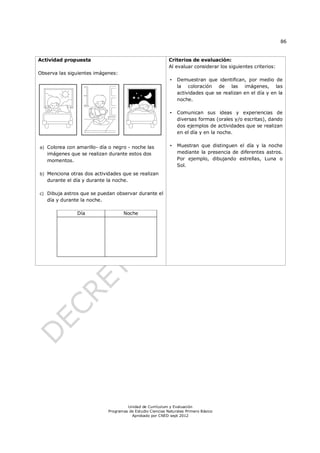 86


Actividad propuesta                                         Criterios de evaluación:
                                                            Al evaluar considerar los siguientes criterios:
Observa las siguientes imágenes:
                                                            •   Demuestran que identifican, por medio de
                                                                la coloración de las imágenes, las
                                                                actividades que se realizan en el día y en la
                                                                noche.

                                                            •   Comunican sus ideas y experiencias de
                                                                diversas formas (orales y/o escritas), dando
                                                                dos ejemplos de actividades que se realizan
                                                                en el día y en la noche.


a) Colorea con amarillo- día o negro - noche las            •   Muestran que distinguen el día y la noche
   imágenes que se realizan durante estos dos                   mediante la presencia de diferentes astros.
   momentos.                                                    Por ejemplo, dibujando estrellas, Luna o
                                                                Sol.
b) Menciona otras dos actividades que se realizan
   durante el día y durante la noche.

c) Dibuja astros que se puedan observar durante el
   día y durante la noche.

               Día                  Noche




                                      Unidad de Currículum y Evaluación
                             Programas de Estudio Ciencias Naturales Primero Básico
                                        Aprobado por CNED sept 2012
 