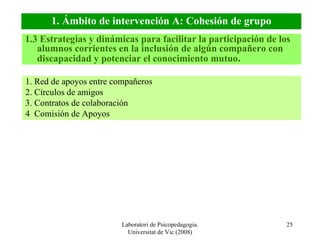 Laboratori de Psicopedagogia. Universitat de Vic (2008) 1. Red de apoyos entre compañeros 2. Círculos de amigos 3. Contratos de colaboración 4  Comisión de Apoyos 1.3 Estrategias y dinámicas para facilitar la participación de los alumnos corrientes en la inclusión de algún compañero con discapacidad y potenciar el conocimiento mutuo . 1. Ámbito de intervención A: Cohesión de grupo 