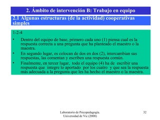 Laboratorio de Psicopedagogía. Universidad de Vic (2008) 1-2-4 Dentro del equipo de base, primero cada uno (1) piensa cual es la respuesta correcta a una pregunta que ha planteado el maestro o la maestra.  En segundo lugar, es colocan de dos en dos (2), intercambian sus respuestas, las comentan y escriben una respuesta común.  Finalmente, en tercer lugar,  todo el equipo (4) ha de  escribir una  respuesta que  integre lo aportado  por los cuatro  y que sea la respuesta más adecuada a la pregunta que les ha hecho el maestro o la maestra. 2.1 Algunas estructuras (de la actividad) cooperativas simples 2. Ámbito de intervención B: Trabajo en equipo 