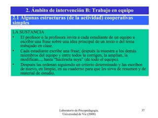 Laboratorio de Psicopedagogía. Universidad de Vic (2008) LA SUSTANCIA El profesor o la profesora invita a cada estudiante de un equipo a escribir una frase sobre una idea principal de un texto o del tema trabajado en clase. Cada estudiante escribe una frase; después la muestra a los demás miembros del equipo y entre todos la corrigen, la amplían, la modifican..., hasta “hacérsela suya” (de todo el equipo). Después las ordenan siguiendo un criterio determinado y las escriben de nuevo, en limpio, en su cuaderno para que les sirva de resumen y de material de estudio. 2.1 Algunas estructuras (de la actividad) cooperativas simples 2. Ámbito de intervención B: Trabajo en equipo 