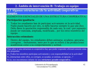 Laboratorio de Psicopedagogía. Universidad de Vic (2008) ELEMENTOS ESENCIALES DE UNA ESTRUCTURA COOPERATIVA: Participación igualitaria : Todos los estudiantes han de participar activamente en la actividad. Nadie puede hacerlo por otro, ni debe hacerse siempre lo que uno dice. Debe darse la aportación responsable de cada uno, la cual –por supuesto- puede ser matizada, ampliada, modificada... por los otros miembros del equipo. Interacción estimulante : Dentro del equipo, los estudiantes deben animarse, ayudarse, apoyarse, corregirse... mutuamente, tanto por lo que se refiere a las producciones académicas como a su comportamiento y actitud. Para saber si una estructura es cooperativa hay que poder responder afirmativamente estas dos preguntas: a) ¿Todos los miembros participan activamente y con responsabilidad en la actividad? b) ¿Interactúan entre ellos, se corrigen, se ayudan, se animan, se apoyan...? Si no, nos encontramos delante de una  estructura pseudo-cooperativa ... 2. Ámbito de intervención B: Trabajo en equipo 2.1 Algunas estructuras (de la actividad) cooperativas simples 